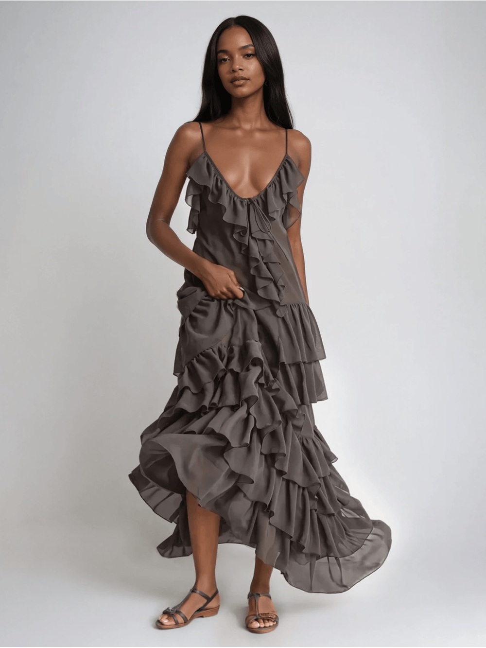 Torn by Ronny Kobo Taupe Ruffle Tiered Maxi Dress